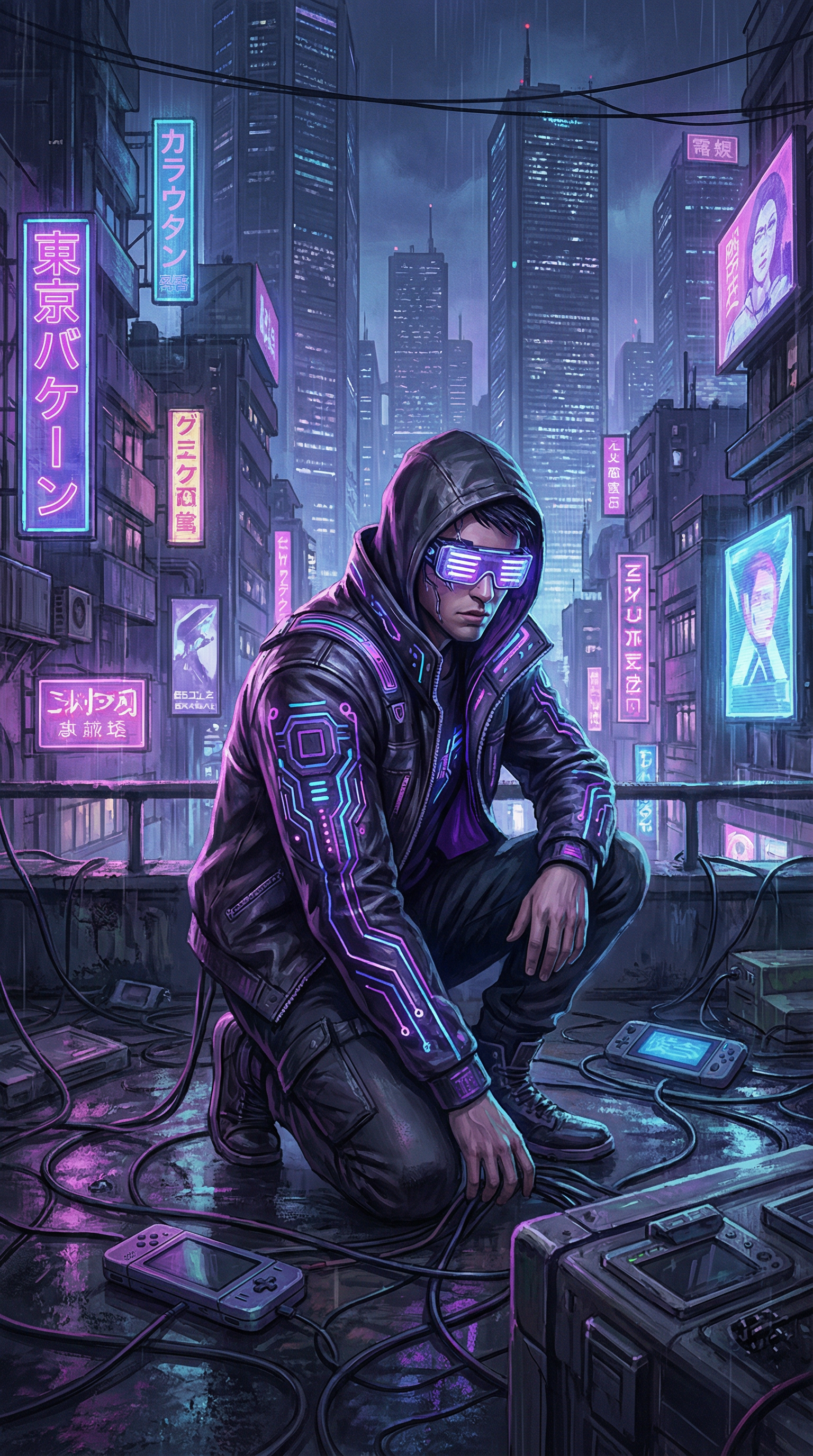 Full body portrait of cyberpunk hacker character, neon purple and blue lighting, high-tech augmented reality glasses, leather jacket with glowing circuit patterns, urban dystopian background, character design concept art, highly detailed, professional digital art
