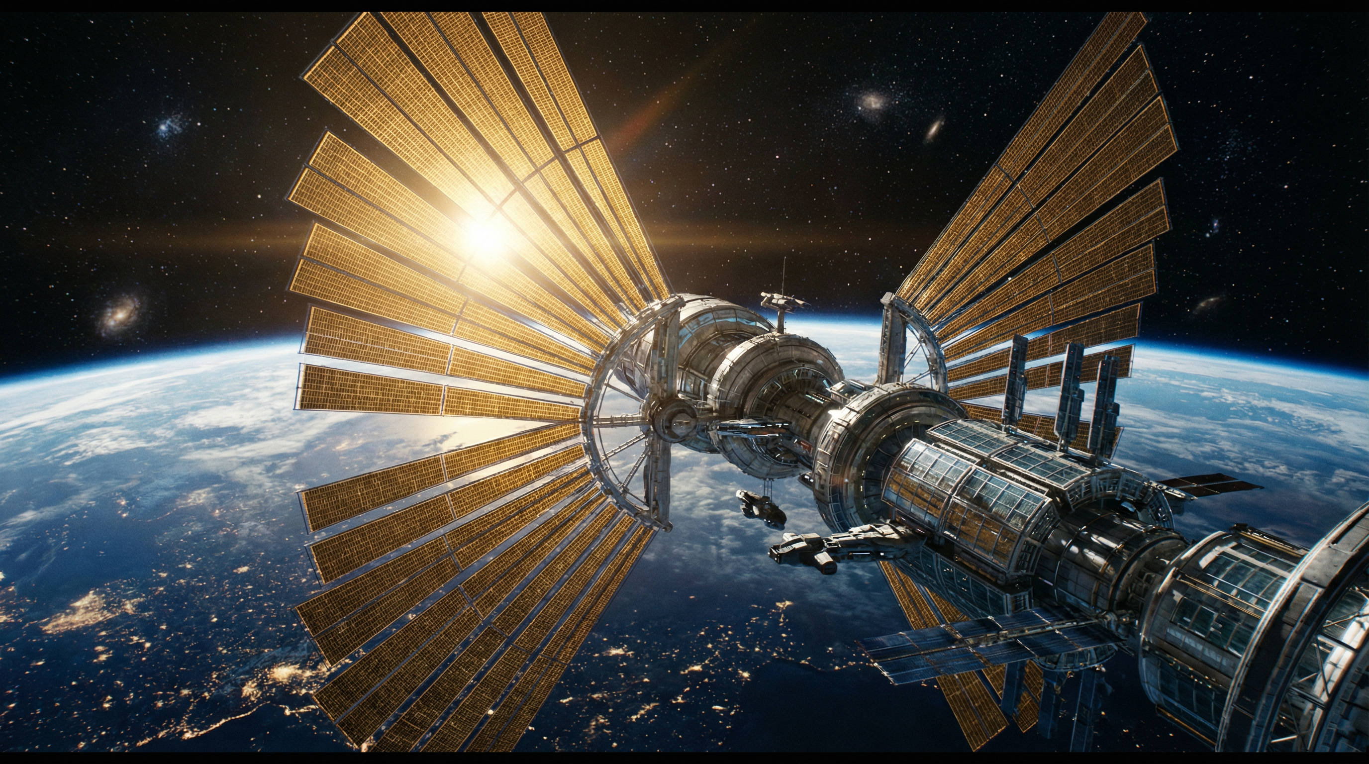 Cinematic shot of a futuristic space station orbiting Earth, massive solar panels extending into space, blue planet visible below with city lights on night side, stars in background, dramatic lighting from sun, epic sci-fi movie aesthetic, IMAX quality, photorealistic