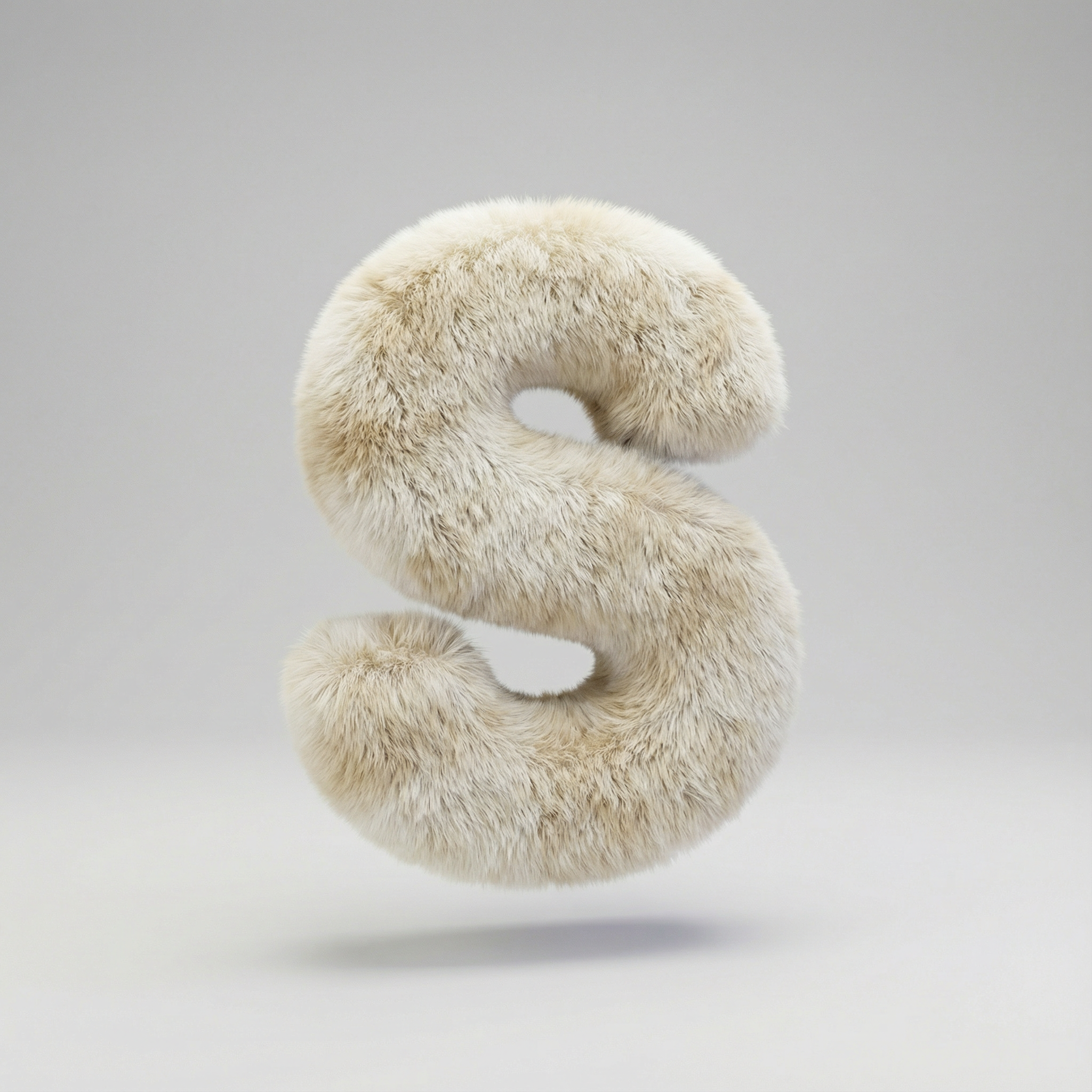 The letter S transformed into a soft fluffy 3D plush object, completely covered in realistic fur texture, floating gently in air, clean light gray background, soft shadows, tactile and modern design, studio lighting, high-resolution render