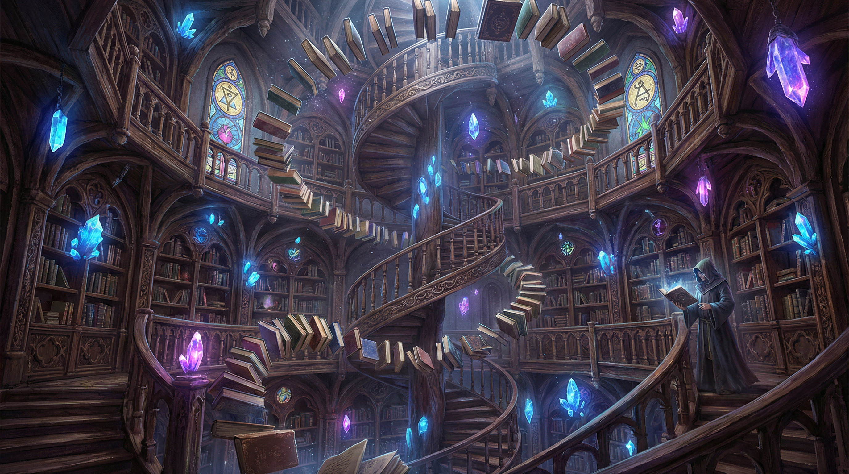Magical fantasy library interior with floating books and glowing crystals, ornate wooden architecture, spiral staircases, mystical blue and purple lighting, enchanted atmosphere, wizard tower aesthetic, high fantasy art style, extremely detailed