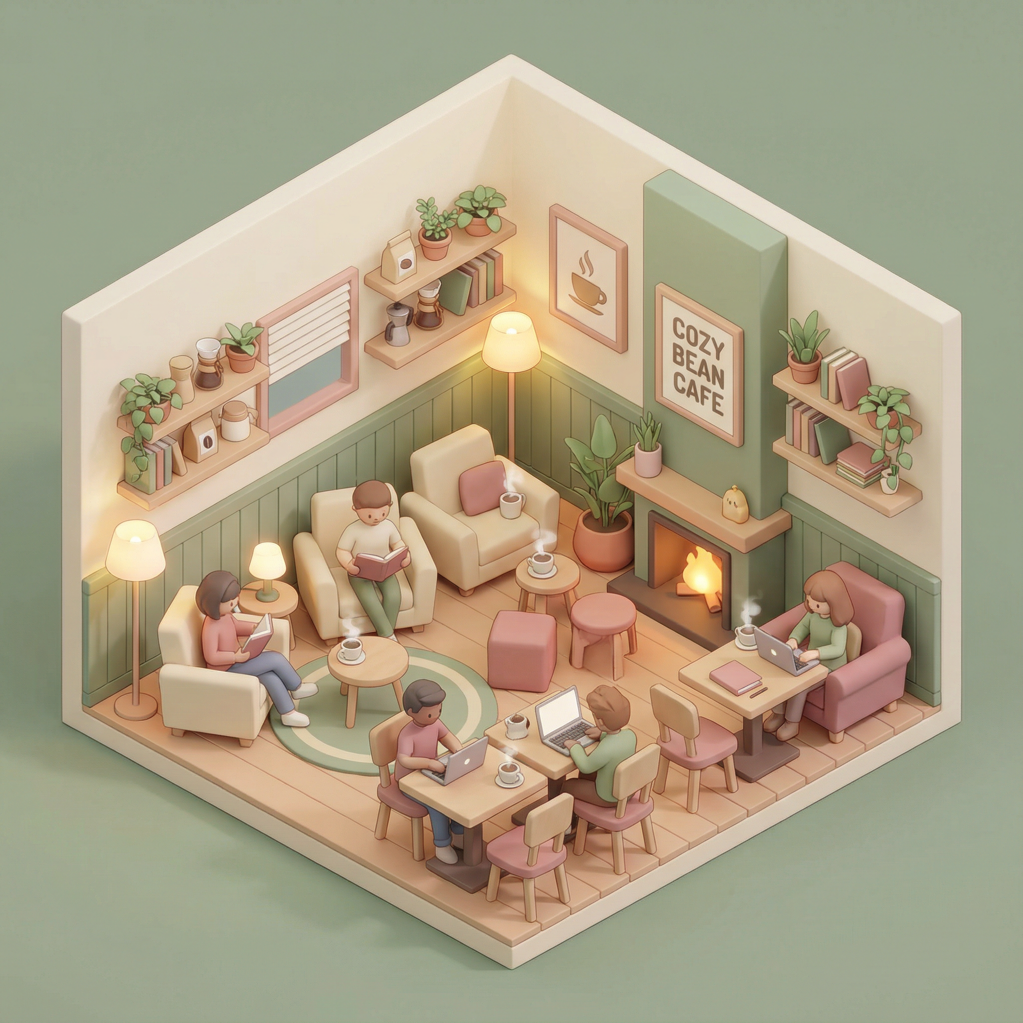 Cute isometric 3D illustration of a cozy coffee shop interior, warm lighting, tiny people reading and working, plants on shelves, steam from coffee cups, soft pastel colors, game asset aesthetic, highly detailed miniature world