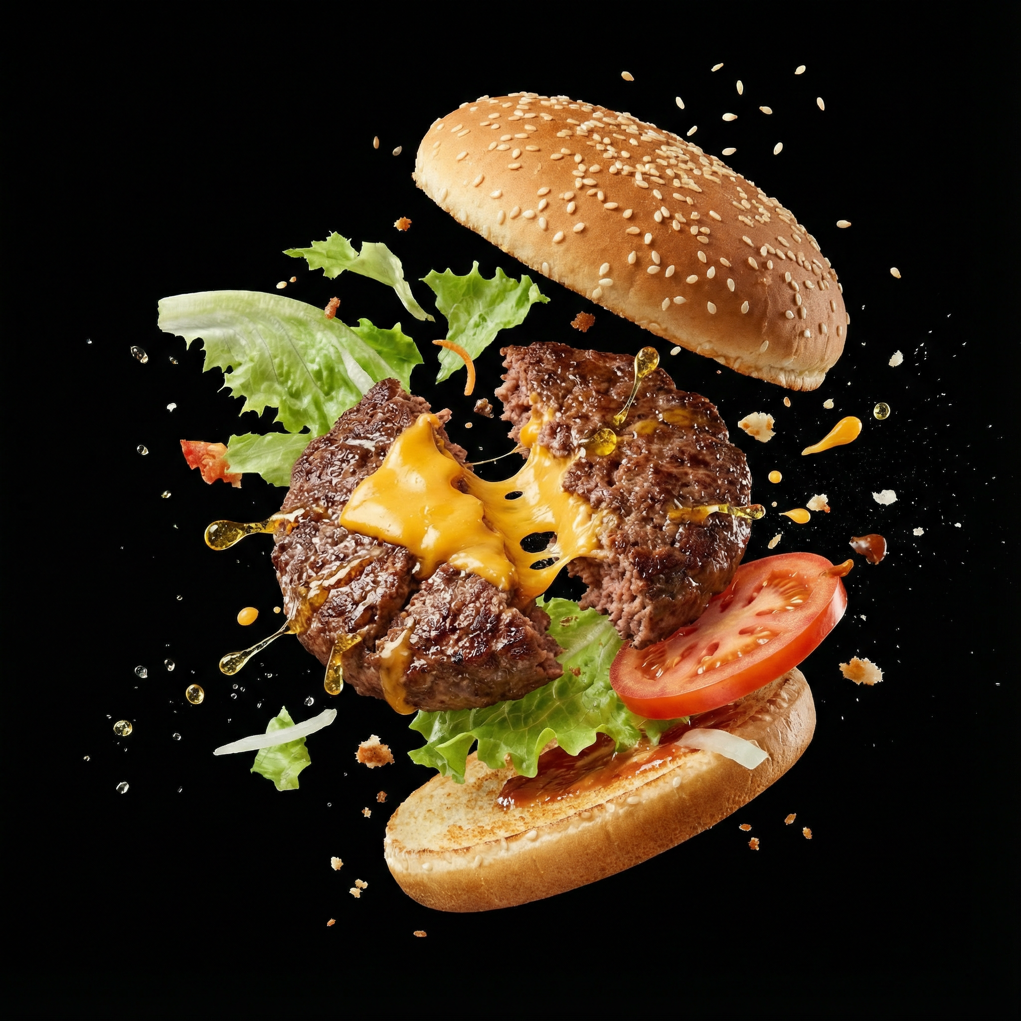 Gourmet burger with ingredients dramatically exploding outward in slow motion freeze frame, juicy beef patty, melting cheese, fresh lettuce, tomato slice, sesame bun, droplets suspended in air, professional food photography, black background
