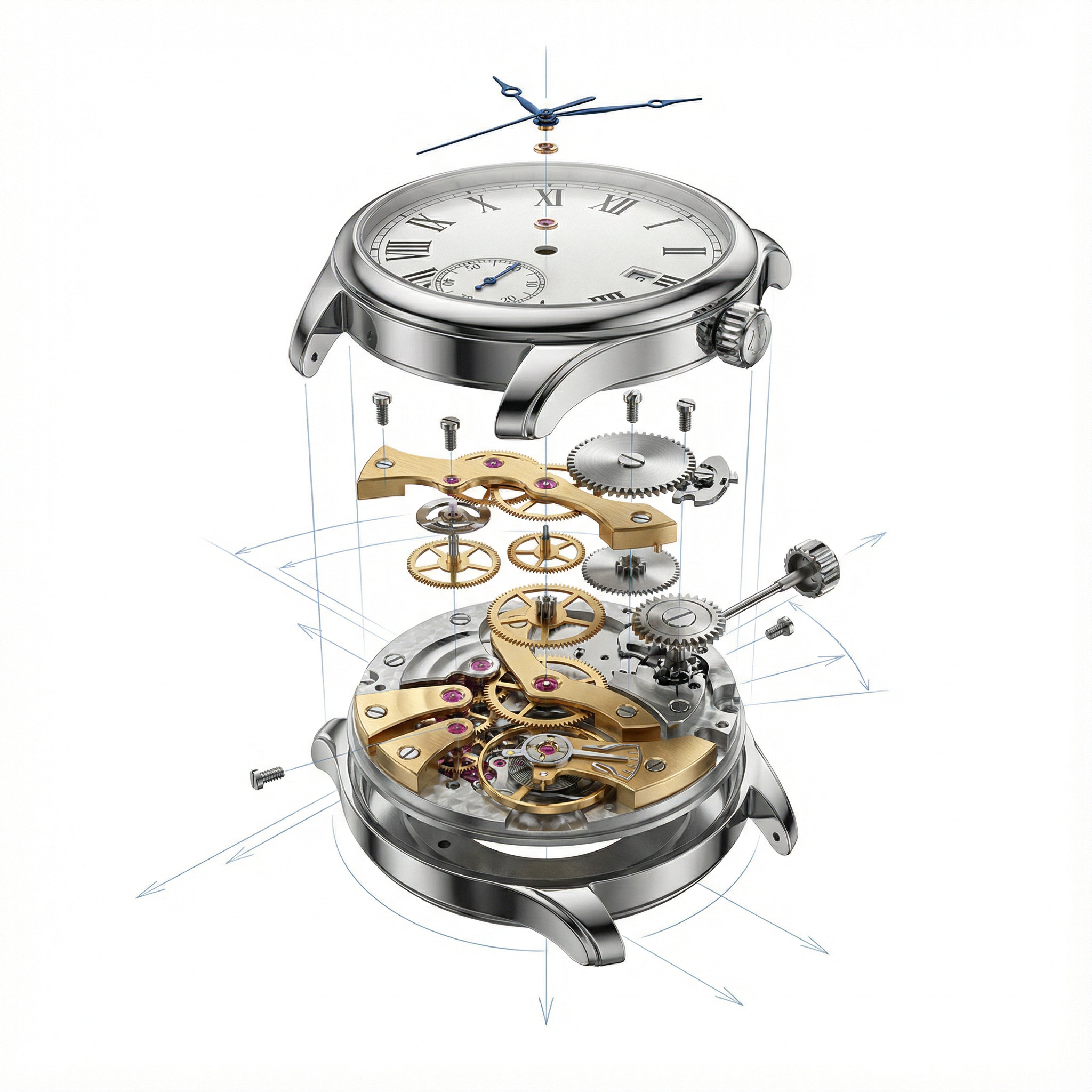 Luxury mechanical watch displayed in exploded technical diagram view, showing all internal gears and components floating in space, clean white background, technical illustration style with thin guide lines, photorealistic metal textures